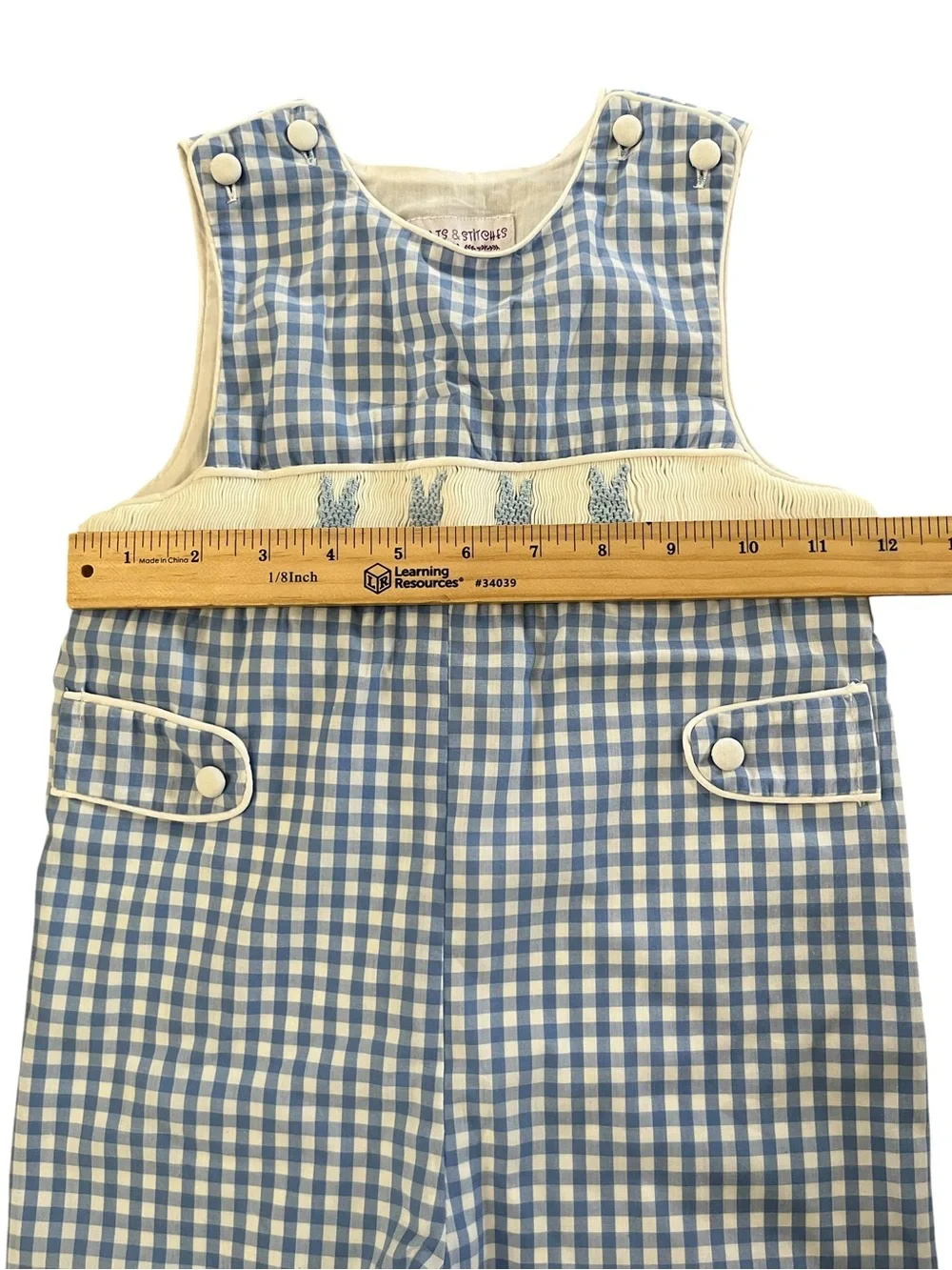 Pleats & Stitches Boys Smocked Bunny Romper Blue Gingham 2T